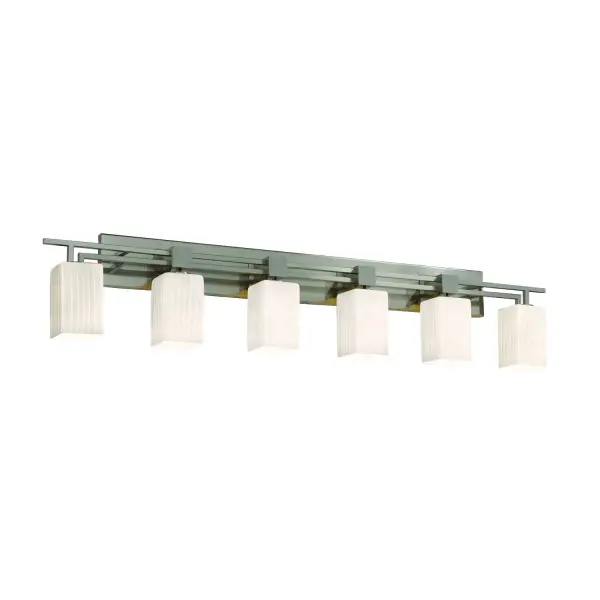 Collection: Fusion Finish: Brushed Nickel Glass: Artisan Glass Width: 56.00" Height: 10.75" Extension from Wall: 5.25" Top to Outlet: 8.25" Number of Bulbs: 6 Maximum Wattage: 100.00 W Bulb Type: A19 Safety Listing: Damp Safety Rating: Damp