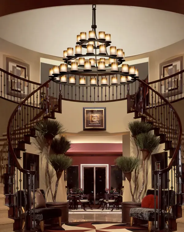 Dakota 45-Light 3-Tier Ring Chandelier Collection: Fusion Finish: Dark Bronze Glass: Artisan Glass Width: 60.00" Height: 54.00" Chain: 6` Wire: 10` Canopy: 1" H x 5.25" Dia. Number of Bulbs: 45 Maximum Wattage: 40.00 W Bulb Type: G16 1/2 Safety Listing: Damp Safety Rating: Damp