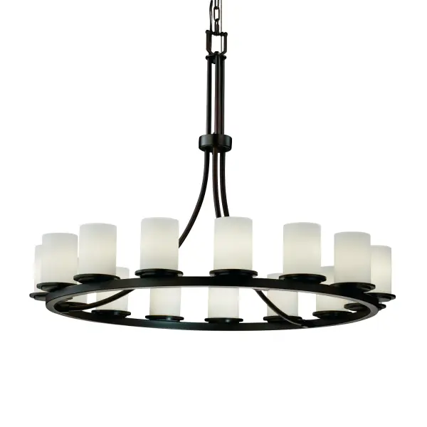Collection: Fusion Finish: Dark Bronze Glass: Artisan Glass Notes: Includes 6 ft. of chain and 10 ft. of wire. Also available in Matte Black finish. Width: 42.00" Height: 34.00" Chain: 6` Wire: 10` Canopy: 1" H x 5.25" Dia. Number of Bulbs: 15 Maximum Wattage: 60.00 W Bulb Type: G16 1/2 Bulb Base: Medium Light Source: Incandescent Safety Listing: Damp Safety Rating: Damp