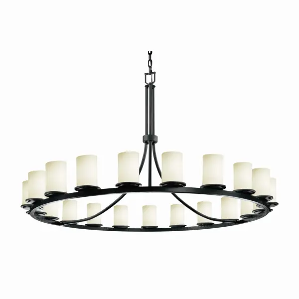 Collection: Fusion Finish: Matte Black Glass: Artisan Glass Notes: Includes 6 ft. of chain and 10 ft. of wire. Also available in Matte Black finish. Width: 60.00" Height: 34.00" Chain: 6` Wire: 10` Canopy: 1" H x 5.25" Dia. Number of Bulbs: 21 Maximum Wattage: 60.00 W Bulb Type: G16 1/2 Bulb Base: Medium Light Source: Incandescent Safety Listing: Damp Safety Rating: Damp
