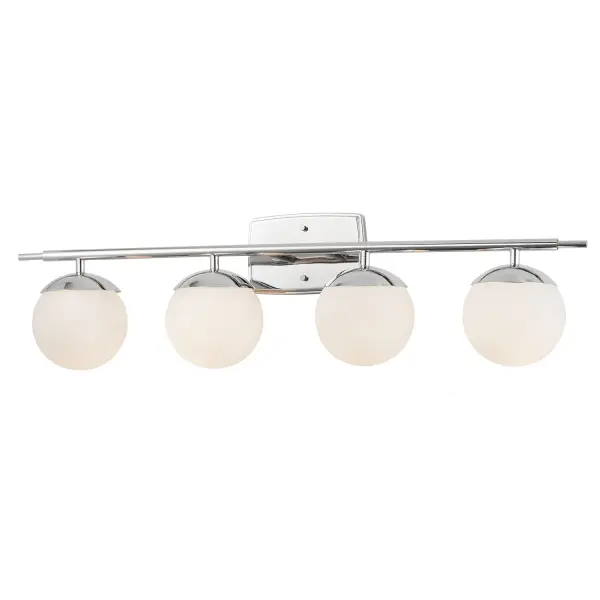 Collection: Fusion Finish: Polished Chrome Glass: Opal Glass Width: 32.00" Height: 8.50" Extension from Wall: 6.00" Canopy: 4.5" H x 7" W Number of Bulbs: 4 Maximum Wattage: 60.00 W Bulb Type: BA9 Torpedo Bulb Base: E12 Voltage: 120.00 V Safety Listing: UL/ETL Safety Rating: Damp