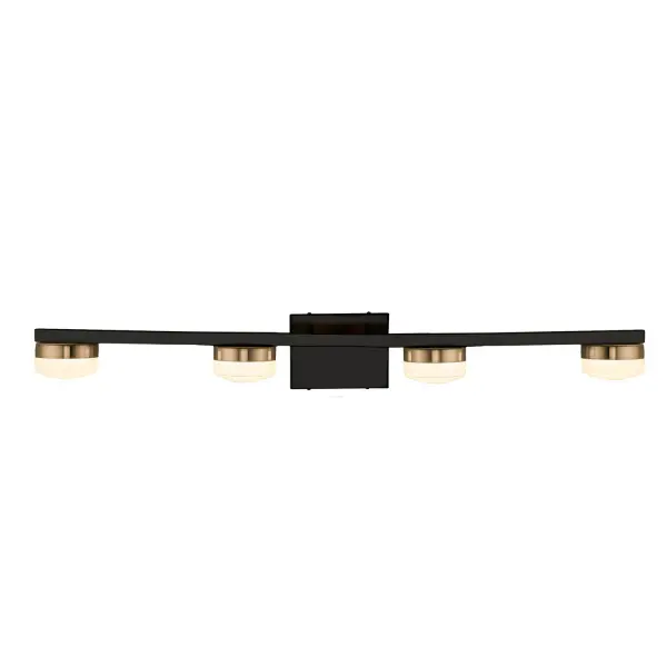 Collection: Fusion Finish: Matte Black w/ Brass Glass: Opal Glass Width: 33.00" Height: 4.50" Extension from Wall: 6.75" Canopy: 6" W x 4.5" H Maximum Wattage: 36.00 W Bulb Type: LED Light Source: LED Light Output: 3200.00 lm Voltage: 120.00 V Safety Listing: UL/ETL Safety Rating: Damp LED