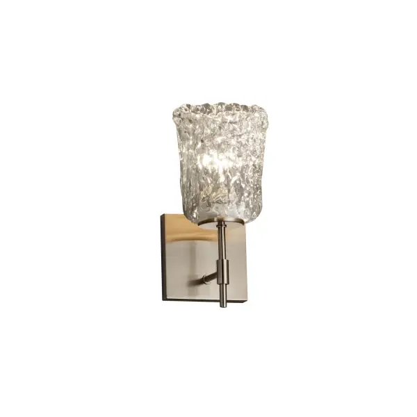 Collection: Veneto Luce Finish: Brushed Nickel Glass: Venetian Glass Notes: This fixture can be installed as an uplight or downlight Width: 4.50" Height: 10.25" Extension from Wall: 5.50" Top to Outlet: 7.25" Number of Bulbs: 1 Maximum Wattage: 100.00 W Bulb Type: A19 Safety Listing: Damp Safety Rating: Damp