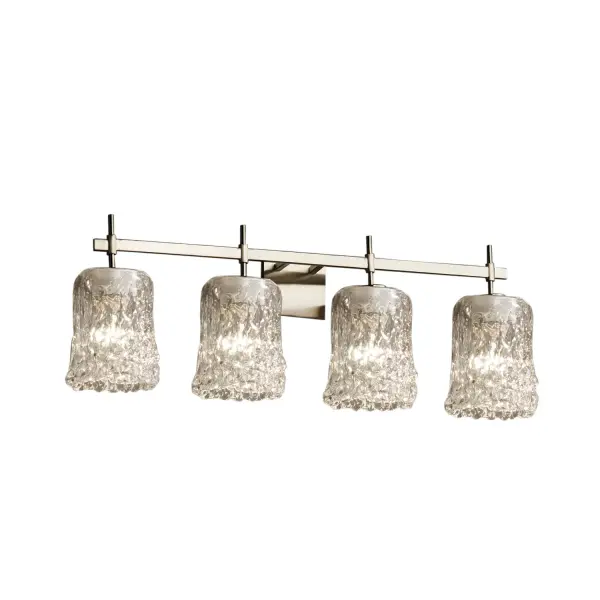Collection: Veneto Luce Finish: Brushed Nickel Glass: Venetian Glass Notes: This fixture can be installed as an uplight or downlight Width: 31.50" Height: 10.25" Extension from Wall: 5.50" Top to Outlet: 7.25" Number of Bulbs: 4 Maximum Wattage: 100.00 W Bulb Type: A19 Safety Listing: Damp Safety Rating: Damp