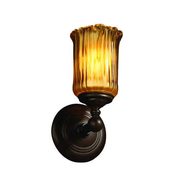 Collection: Veneto Luce Finish: Dark Bronze Glass: Venetian Glass Notes: This fixture can be installed as an uplight or downlight. Also available in Brushed Nickel, Matte Black, Antique Brass, Polished Chrome finish. Width: 5.50" Height: 11.25" Extension from Wall: 6.25" Top to Outlet: 8.50" Number of Bulbs: 1 Maximum Wattage: 100.00 W Bulb Type: A19 Bulb Base: E26-Medium Light Source: Incandescent Safety Listing: Damp Safety Rating: Damp