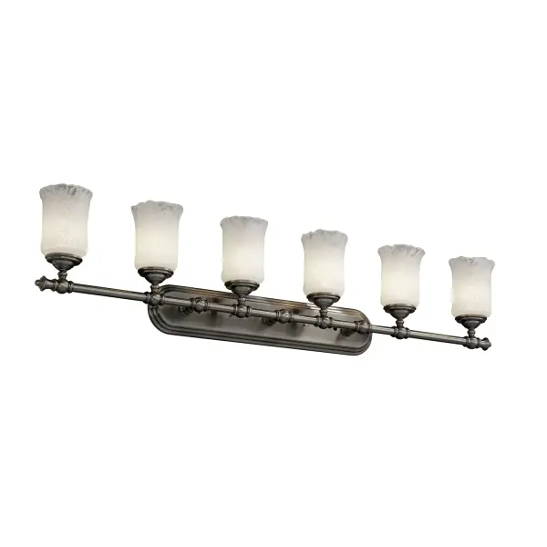 Collection: Veneto Luce Finish: Brushed Nickel Glass: Venetian Glass Width: 48.00" Height: 11.50" Extension from Wall: 6.25" Top to Outlet: 8.75" Number of Bulbs: 6 Maximum Wattage: 100.00 W Bulb Type: A19 Safety Listing: Damp Safety Rating: Damp