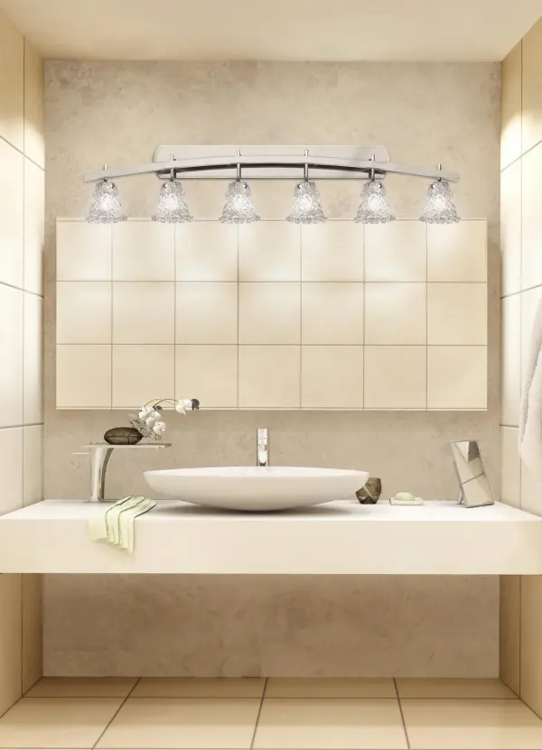 Archway 6-Light Bath Bar Collection: Veneto Luce Finish: Brushed Nickel Glass: Venetian Glass Width: 55.75" Height: 11.75" Extension from Wall: 6.75" Top to Outlet: 9.25" Number of Bulbs: 6 Maximum Wattage: 100.00 W Bulb Type: A19 Safety Listing: Damp Safety Rating: Damp