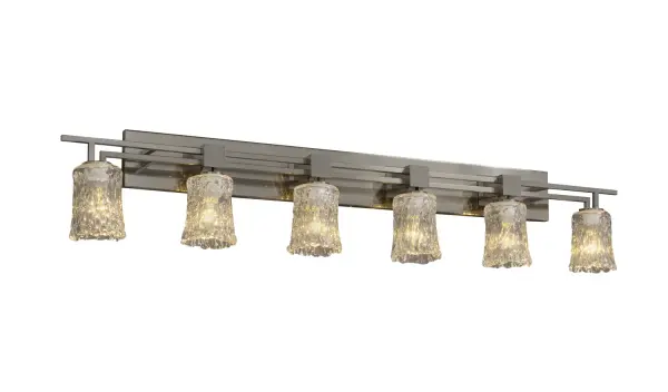 Collection: Veneto Luce Finish: Brushed Nickel Glass: Venetian Glass Width: 56.00" Height: 10.75" Extension from Wall: 5.50" Top to Outlet: 7.25" Number of Bulbs: 6 Maximum Wattage: 100.00 W Bulb Type: A19 Safety Listing: Damp Safety Rating: Damp