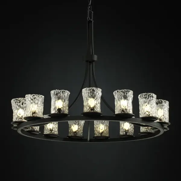 Collection: Veneto Luce Finish: Matte Black Glass: Venetian Glass Notes: Includes 6 ft. of chain and 10 ft. of wire. Also available in Matte Black finish. Width: 42.00" Height: 34.00" Chain: 6` Wire: 10` Canopy: 1" H x 5.25" Dia. Number of Bulbs: 15 Maximum Wattage: 60.00 W Bulb Type: G16 1/2 Bulb Base: Medium Light Source: Incandescent Safety Listing: Damp Safety Rating: Damp