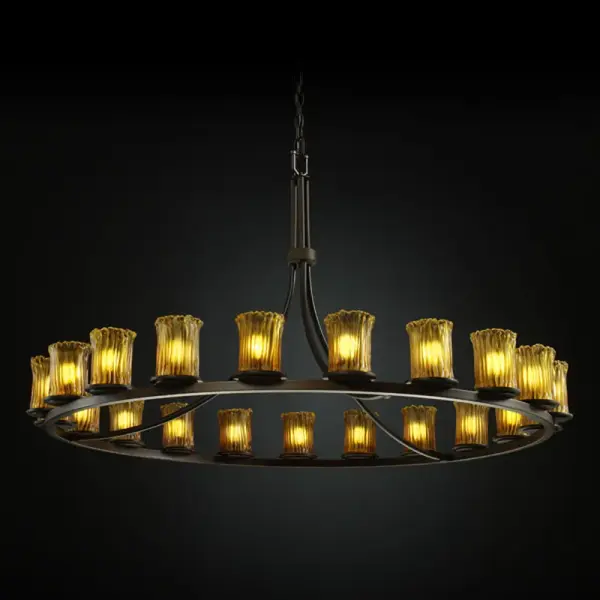 Collection: Veneto Luce Finish: Dark Bronze Glass: Venetian Glass Notes: Includes 6 ft. of chain and 10 ft. of wire. Also available in Matte Black finish. Width: 60.00" Height: 34.00" Chain: 6` Wire: 10` Canopy: 1" H x 5.25" Dia. Number of Bulbs: 21 Maximum Wattage: 60.00 W Bulb Type: G16 1/2 Bulb Base: Medium Light Source: Incandescent Safety Listing: Damp Safety Rating: Damp