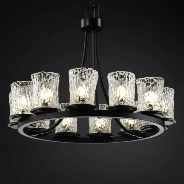 Collection: Veneto Luce Finish: Matte Black Glass: Venetian Glass Notes: Includes 6 ft. of chain and 10 ft. of wire. Also available in Brushed Nickel, Matte Black finish. Width: 28.00" Height: 23.00" Chain: 6` Wire: 10` Canopy: .75" H x 5" Dia. Number of Bulbs: 12 Maximum Wattage: 60.00 W Bulb Type: G16 1/2 Bulb Base: Medium Light Source: Incandescent Safety Listing: Damp Safety Rating: Damp