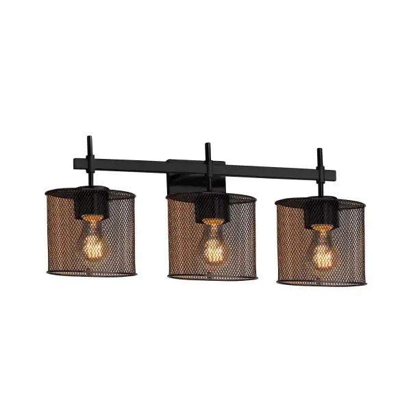 Collection: Wire Mesh Finish: Matte Black Glass: Wire Mesh Notes: (3) 60W Vintage bulbs are included Width: 24.50" Height: 9.50" Extension from Wall: 5.00" Top to Outlet: 6.50" Number of Bulbs: 3 Maximum Wattage: 60.00 W Bulb Type: A19 Color Temperature: 360 K CRI: 360 Safety Listing: Damp Safety Rating: Damp