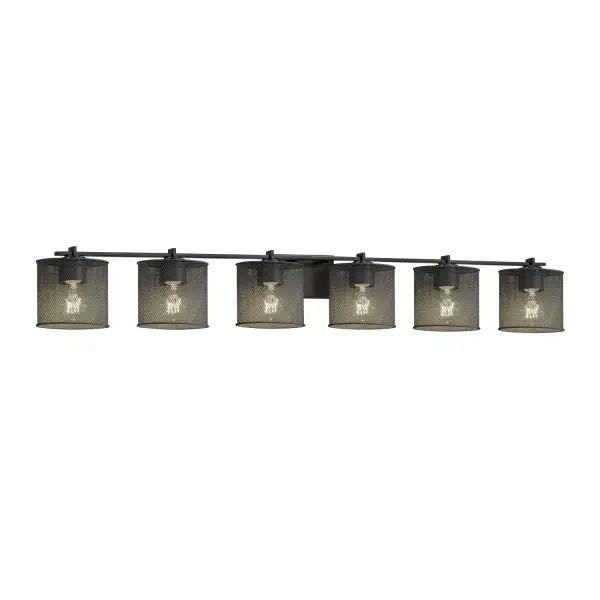 Collection: Wire Mesh Finish: Matte Black Glass: Wire Mesh Notes: This fixture can be installed as an uplight or downlight Width: 54.00" Height: 6.75" Extension from Wall: 6.00" Number of Bulbs: 6 Maximum Wattage: 60.00 W Bulb Type: A19 Safety Listing: Damp Safety Rating: Damp