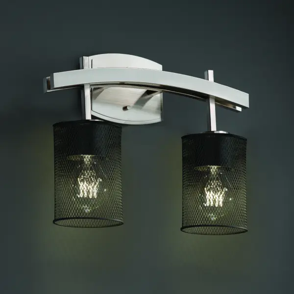 Collection: Wire Mesh Finish: Brushed Nickel Glass: Wire Mesh Notes: This fixture can be installed as an uplight or downlight Width: 15.50" Height: 11.50" Extension from Wall: 5.75" Top to Outlet: 9.00" Number of Bulbs: 2 Maximum Wattage: 60.00 W Bulb Type: A19 Safety Listing: Damp Safety Rating: Damp