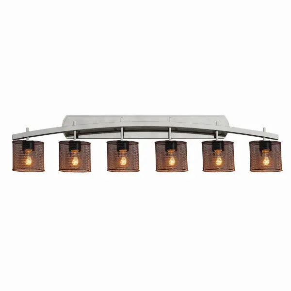 Collection: Wire Mesh Finish: Brushed Nickel Glass: Wire Mesh Notes: This fixture can be installed as an uplight or downlight Width: 55.50" Height: 11.50" Extension from Wall: 5.75" Top to Outlet: 9.00" Number of Bulbs: 6 Maximum Wattage: 60.00 W Bulb Type: A19 Safety Listing: Damp Safety Rating: Damp