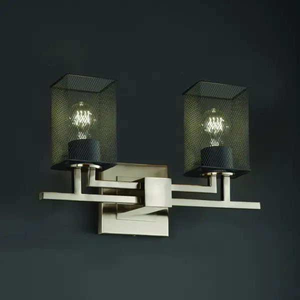 Collection: Wire Mesh Finish: Brushed Nickel Glass: Wire Mesh Notes: This fixture can be installed as an uplight or downlight Width: 16.00" Height: 9.75" Extension from Wall: 5.25" Top to Outlet: 7.25" Number of Bulbs: 2 Bulb Type: Medium Safety Listing: Damp Safety Rating: Damp