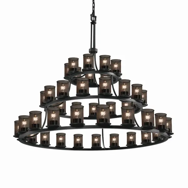 Collection: Wire Mesh Finish: Matte Black Glass: Wire Mesh Notes: Includes 6 ft. of chain and 10 ft. of wire Width: 60.00" Height: 54.00" Chain: 6` Wire: 10` Canopy: 1" H x 5.25" Dia. Number of Bulbs: 45 Maximum Wattage: 40.00 W Bulb Type: A15 Bulb Base: E12 Safety Listing: Damp Safety Rating: Damp