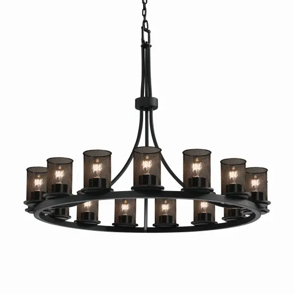 Collection: Wire Mesh Finish: Matte Black Glass: Wire Mesh Notes: Includes 6 ft. of chain and 10 ft. of wire Width: 42.00" Height: 34.00" Chain: 6` Wire: 10` Canopy: 1" H x 5.25" Dia. Number of Bulbs: 15 Maximum Wattage: 40.00 W Bulb Type: A15 Bulb Base: E12 Safety Listing: Damp Safety Rating: Damp