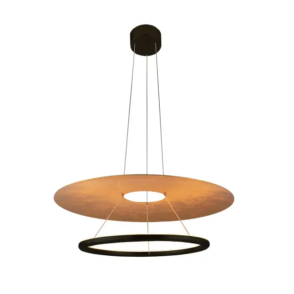 Collection: Helios Finish: Matte Black & Gold Leaf Width: 24.00" Height: 6.50" Canopy: 4.75" Dia x 2" H Maximum Wattage: 30.00 W Bulb Type: LED Light Source: LED Light Output: 3000.00 lm Voltage: 120.00 V Safety Listing: UL/ETL Safety Rating: Damp LED