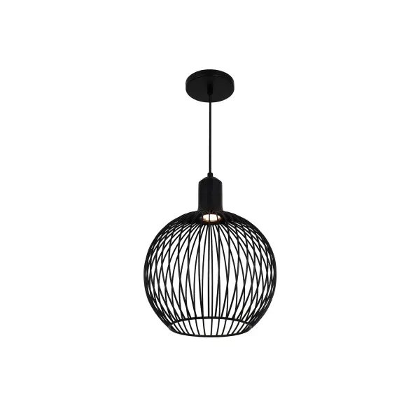 Sculptural globe silhouette with a light, airy architectural presence, Reminiscent of delicate filigree lanterns or classic aviaries, reinterpreted in a modern form, Open wire cage construction creates visual transparency and dramatic shadow play, Evenly spaced solid steel rods form a refined, geometric globe profile, Filigree silhouette gives the pendant an almost weightless appearance despite its solid construction, Slender metal strands create an airy, sculptural cage-like structure, Matte Black painted steel rods frame and protect the LED light source like a lantern enclosure, Integrated LED light source centered within the dome provides focused downward illumination, Open metal construction allows light to escape freely, creating a poetic interplay of light and shadow, Layered wire pattern produces subtle visual movement as light shifts throughout the space, Design balances structure and transparency for a refined architectural statement, Creates visual interest both when illuminated and when off, Modern interpretation of traditional lantern-inspired forms, Minimalist design with subtle industrial influence, Durable steel construction ensures long-term stability and performance, Matte Black finish delivers a bold, contemporary, architectural look, Integrated LED light source delivers energy-efficient illumination, Fully dimmable to adjust ambiance from soft glow to functional illumination, Available in three sizes to accommodate a range of ceiling heights and room scales, Adjustable cord allows fixture height to be customized to suit various ceiling heights, Ideal as a statement pendant over dining tables, kitchen islands, and bar areas, Works well as a single focal point or installed in multiples for rhythm and scale, Frequently specified for restaurant interiors, hotel lobbies, and hospitality spaces, Suitable for residential, hospitality, and commercial environments, Collection: No Shade Material Finish: Matte Black Width: 12.00" Height: 15.25" Canopy: 5" Dia. x 0.75" H Maximum Wattage: 6.00 W Light Source: LED Light Output: 600.00 lm Delivered Lumens: 420.00 lm Voltage: 120.00 V Safety Rating: Damp LED