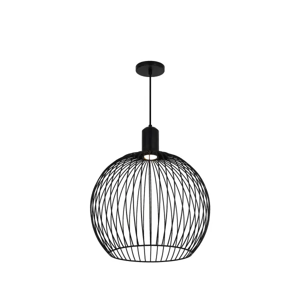 Sculptural globe silhouette with a light, airy architectural presence, Reminiscent of delicate filigree lanterns or classic aviaries, reinterpreted in a modern form, Open wire cage construction creates visual transparency and dramatic shadow play, Evenly spaced solid steel rods form a refined, geometric globe profile, Filigree silhouette gives the pendant an almost weightless appearance despite its solid construction, Slender metal strands create an airy, sculptural cage-like structure, Matte Black painted steel rods frame and protect the LED light source like a lantern enclosure, Integrated LED light source centered within the dome provides focused downward illumination, Open metal construction allows light to escape freely, creating a poetic interplay of light and shadow, Layered wire pattern produces subtle visual movement as light shifts throughout the space, Design balances structure and transparency for a refined architectural statement, Creates visual interest both when illuminated and when off, Modern interpretation of traditional lantern-inspired forms, Minimalist design with subtle industrial influence, Durable steel construction ensures long-term stability and performance, Matte Black finish delivers a bold, contemporary, architectural look, Integrated LED light source delivers energy-efficient illumination, Fully dimmable to adjust ambiance from soft glow to functional illumination, Available in three sizes to accommodate a range of ceiling heights and room scales, Adjustable cord allows fixture height to be customized to suit various ceiling heights, Ideal as a statement pendant over dining tables, kitchen islands, and bar areas, Works well as a single focal point or installed in multiples for rhythm and scale, Frequently specified for restaurant interiors, hotel lobbies, and hospitality spaces, Suitable for residential, hospitality, and commercial environments, Collection: No Shade Material Finish: Matte Black Width: 19.00" Height: 22.00" Canopy: 5" Dia. x 0.75" H Maximum Wattage: 8.00 W Light Source: LED Light Output: 800.00 lm Delivered Lumens: 560.00 lm Voltage: 120.00 V Safety Rating: Damp LED