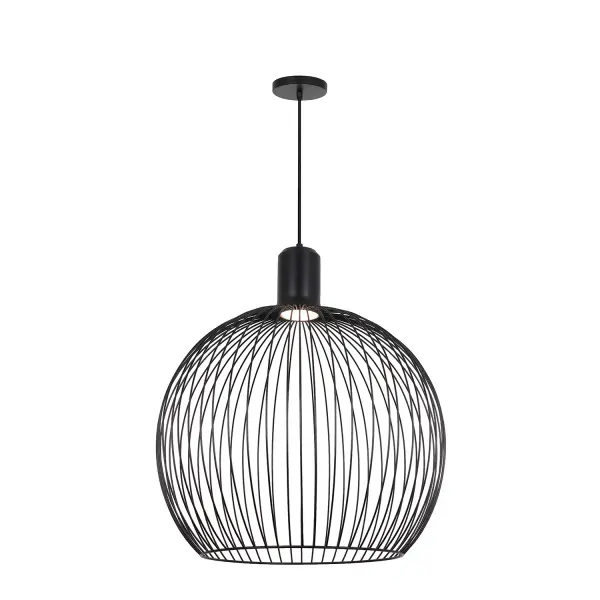 Sculptural globe silhouette with a light, airy architectural presence, Reminiscent of delicate filigree lanterns or classic aviaries, reinterpreted in a modern form, Open wire cage construction creates visual transparency and dramatic shadow play, Evenly spaced solid steel rods form a refined, geometric globe profile, Filigree silhouette gives the pendant an almost weightless appearance despite its solid construction, Slender metal strands create an airy, sculptural cage-like structure, Matte Black painted steel rods frame and protect the LED light source like a lantern enclosure, Integrated LED light source centered within the dome provides focused downward illumination, Open metal construction allows light to escape freely, creating a poetic interplay of light and shadow, Layered wire pattern produces subtle visual movement as light shifts throughout the space, Design balances structure and transparency for a refined architectural statement, Creates visual interest both when illuminated and when off, Modern interpretation of traditional lantern-inspired forms, Minimalist design with subtle industrial influence, Durable steel construction ensures long-term stability and performance, Matte Black finish delivers a bold, contemporary, architectural look, Integrated LED light source delivers energy-efficient illumination, Fully dimmable to adjust ambiance from soft glow to functional illumination, Available in three sizes to accommodate a range of ceiling heights and room scales, Adjustable cord allows fixture height to be customized to suit various ceiling heights, Ideal as a statement pendant over dining tables, kitchen islands, and bar areas, Works well as a single focal point or installed in multiples for rhythm and scale, Frequently specified for restaurant interiors, hotel lobbies, and hospitality spaces, Suitable for residential, hospitality, and commercial environments, Collection: No Shade Material Finish: Matte Black Width: 24.00" Height: 27.00" Canopy: 5" Dia. x 0.75" H Maximum Wattage: 12.00 W Light Source: LED Light Output: 1200.00 lm Delivered Lumens: 840.00 lm Voltage: 120.00 V Safety Rating: Damp LED