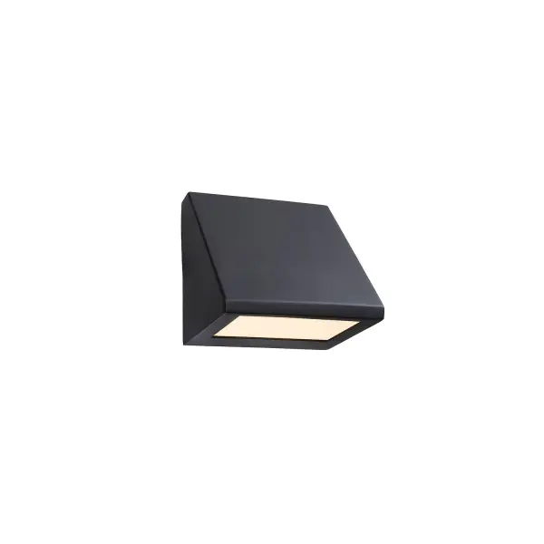 Architectural, roofline-inspired outdoor sconce with crisp, angular planes, Compact ADA-compliant design measuring 4.5 in. H x 4.5 in. W with only 4 in. projection, Sculptural housing creates a built-in, architectural look rather than an applied fixture, Integrated LED technology delivers efficient, long-lasting performance, Warm 3000K light enhances wall surfaces with a welcoming, architectural glow, Dimmable for adjustable light levels and added atmosphere, Acrylic diffuser provides even illumination with no visible diode or glare, Light gently washes the wall to emphasize texture, depth, and materiality, Can be installed for uplighting or downlighting to suit different applications and design intent, Downlight orientation provides controlled illumination for pathways, entries, and accents, Uplight orientation enhances vertical surfaces and architectural details with soft wall wash, Matte black finish reinforces the fixture's modern, architectural character, Non-reflective surface keeps focus on form and light rather than shine, Durable construction suitable for both indoor and outdoor environments, Delivers strong visual presence through geometry rather than scale, Ideal for repetitive placement along façades, corridors, and walkways, Perfect for tight spaces where larger fixtures would overwhelm, Fully ADA compliant without sacrificing design integrity, Dark Sky compliant to reduce upward light spill, Wet-location rated for exterior applications, A refined architectural accent that balances compact scale with impactful design. Collection: No Shade Material Finish: Matte Black Width: 4.50" Height: 4.50" Extension from Wall: 4.00" Maximum Wattage: 7.50 W Light Source: LED Light Output: 675.00 lm Delivered Lumens: 155.00 lm Voltage: 120.00 V Safety Rating: Wet ADA LED