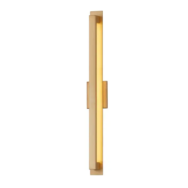 Sleek, vertical architectural sconce, 36" tall linear form emphasizes height and modern proportions without visual bulk, Burnished gold finish adds warmth, sophistication, and a refined presence, Strong rectilinear geometry creates a clean, contemporary aesthetic with timeless appeal, Integrated LED technology delivers seamless, uninterrupted illumination, 3000K warm white light produces a welcoming, ambient glow suitable for exterior environments, Indirect light distribution enhances depth and wall texture while minimizing glare, ADA-compliant design with minimal projection, ideal for corridors and high-traffic areas, Vertical orientation creates a striking architectural rhythm on façades and entryways, Durable construction designed for outdoor use while maintaining a refined appearance, Perfect for residential exteriors, hospitality projects, and multi-family applications, Balances bold architectural presence with restrained, elegant detailing, Provides functional illumination while acting as a sculptural design element, Outdoor-rated integrated LED ensures long-lasting performance with low maintenance, Dimmable for adjustable light levels and added atmosphere, A confident, modern fixture that elevates exterior spaces through proportion, finish, and light quality. Collection: No Shade Material Finish: Burnished Gold Width: 4.75" Height: 36.00" Extension from Wall: 3.00" Canopy: 6" H x 4.75" W x 0.75" Proj. Maximum Wattage: 28.00 W Light Source: LED Light Output: 2400.00 lm Delivered Lumens: 760.00 lm Voltage: 120.00 V Safety Rating: Wet ADA LED