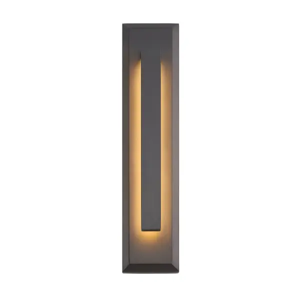 Bold architectural linear outdoor sconce with strong geometric presence, Rectangular beveled backplate paired with a floating linear arm for sculptural depth, Distinct layered construction creates shadow play and visual interest from multiple angles, Slim, wall-hugging profile maintains a clean look while meeting ADA requirements, Can be installed with the linear arm oriented upward or downward for added design flexibility, Integrated LED concealed within the structure for a seamless, uninterrupted glow, Indirect illumination softly washes the recessed inner surface for depth and warmth, Even, diffused light with no visible diodes or glare, Built-in 5CCT selectable technology allows adjustment of color temperature to suit different environments, Dimmable LED performance supports both ambient and architectural lighting needs, Matte black finish enhances crisp geometry while allowing light to remain the focal point, Durable construction designed for exterior use while equally suitable for interior applications, Vertical orientation emphasizes height and architectural rhythm on walls and façades, ADA-compliant projection achieved without visual compromise, Ideal for residential exteriors, hospitality projects, multifamily corridors, and commercial façades, Can be used indoors or outdoors depending on design intent, Wet-location rated for reliable outdoor performance, Modern, urban aesthetic that feels confident, sculptural, and thoughtfully engineered, 21" Tall, Fixture has a 120V-277V input and is dimmable at 120v Collection: No Shade Material Finish: Matte Black Width: 4.50" Height: 21.00" Extension from Wall: 3.50" Canopy: 21" H x 4.5" W x 1.25" Proj. Maximum Wattage: 18.00 W Light Source: LED Light Output: 1620.00 lm Delivered Lumens: 250.00 lm Voltage: 120.00 V Safety Rating: Wet ADA LED