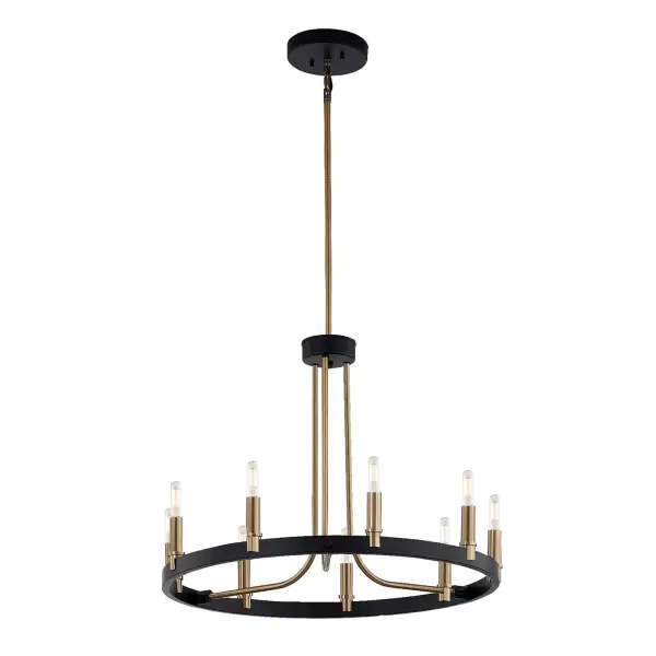 Collection: Clayton Finish: Matte Black w/ Brass Width: 23.00" Height: 18.50" Canopy: 6" Dia. x 1" H Number of Bulbs: 9 Maximum Wattage: 60.00 W Bulb Base: E12 Voltage: 120.00 V Safety Listing: UL/ETL Safety Rating: Damp