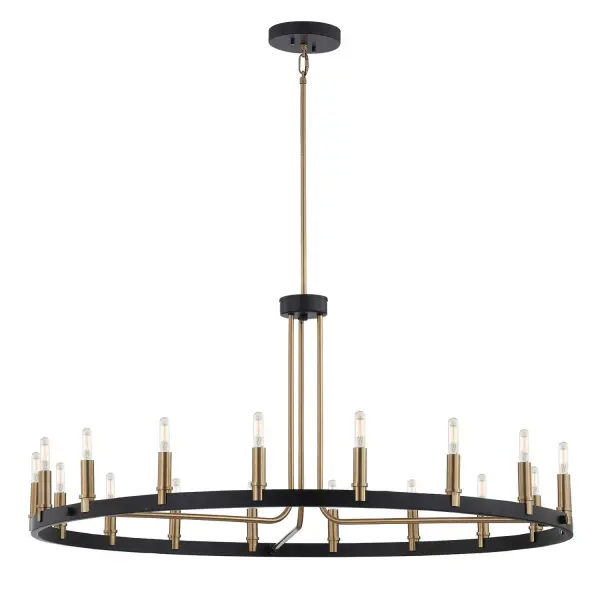 Collection: Clayton Finish: Matte Black w/ Brass Width: 42.00" Height: 18.50" Canopy: 6" Dia. x 1" H Number of Bulbs: 18 Maximum Wattage: 60.00 W Bulb Base: E12 Voltage: 120.00 V Safety Listing: UL/ETL Safety Rating: Damp