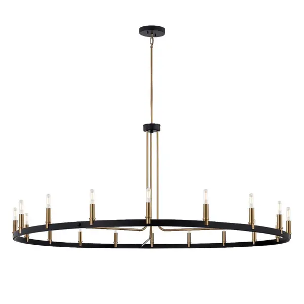 Collection: Clayton Finish: Matte Black w/ Brass Width: 60.00" Height: 18.50" Canopy: 6" Dia. x 1" H Number of Bulbs: 18 Maximum Wattage: 60.00 W Bulb Base: E12 Voltage: 120.00 V Safety Listing: UL/ETL Safety Rating: Damp