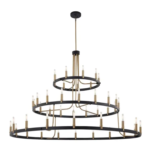 Collection: Clayton Finish: Matte Black w/ Brass Width: 60.00" Height: 43.25" Canopy: 6" Dia. x 1" H Number of Bulbs: 45 Maximum Wattage: 40.00 W Bulb Base: E12 Voltage: 120.00 V Safety Listing: UL/ETL Safety Rating: Damp