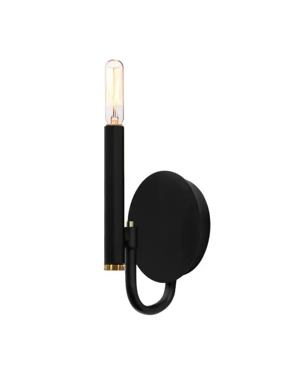 Finish: Matte Black w/ Brass Width: 5.00" Height: 8.00" Extension from Wall: 4.00" Canopy: 5" Dia x 1" Proj. Number of Bulbs: 1 Maximum Wattage: 60.00 W Bulb Base: E12 Voltage: 120.00 V Safety Listing: UL/ETL Safety Rating: Damp ADA