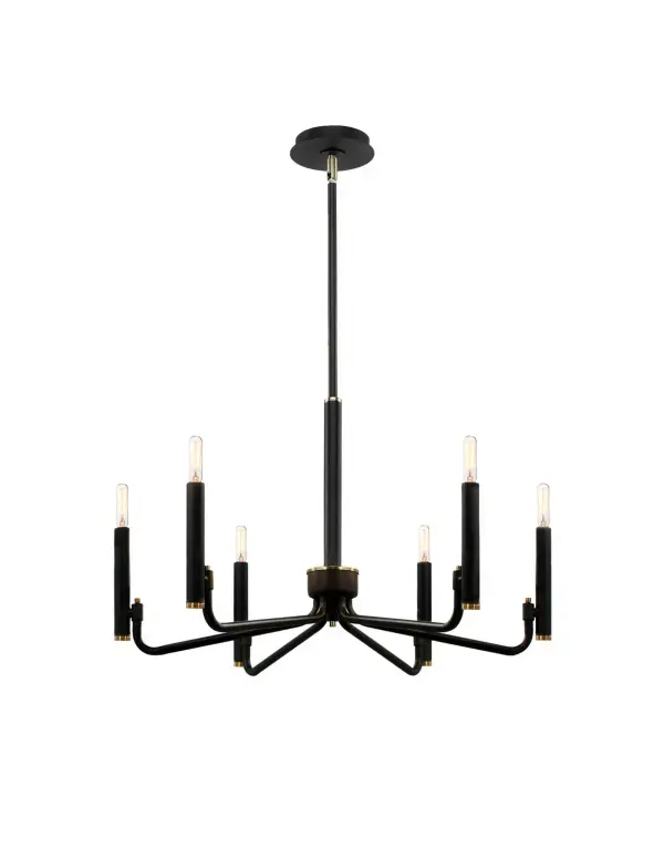 Finish: Matte Black w/ Brass Width: 24.00" Height: 14.50" Canopy: 5" Dia. x 1" H Number of Bulbs: 6 Maximum Wattage: 60.00 W Bulb Base: E12 Voltage: 120.00 V Safety Listing: UL/ETL Safety Rating: Damp