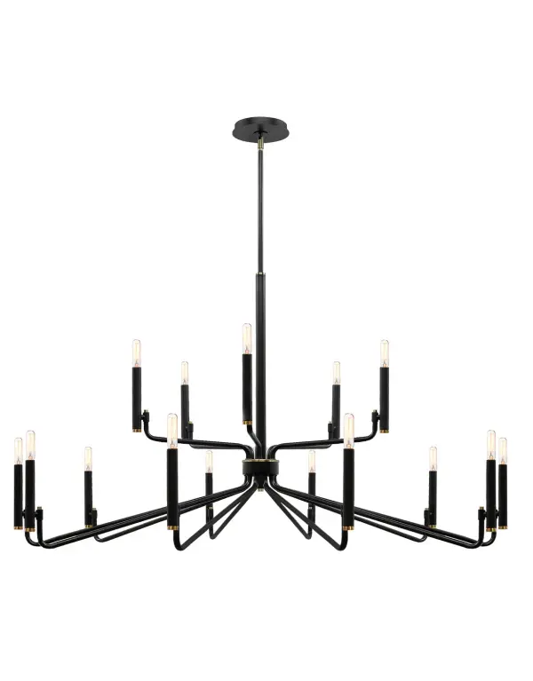 Finish: Matte Black w/ Brass Width: 48.00" Height: 26.75" Canopy: 6" Dia. x 1" H Number of Bulbs: 15 Maximum Wattage: 60.00 W Bulb Base: E12 Voltage: 120.00 V Safety Listing: UL/ETL Safety Rating: Damp
