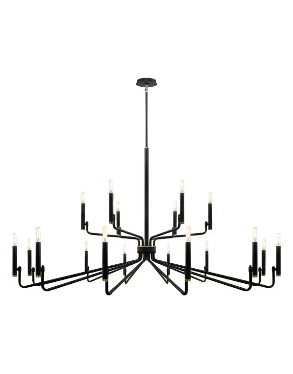 Finish: Matte Black w/ Brass Width: 57.00" Height: 32.75" Canopy: 6" Dia. x 1" H Number of Bulbs: 18 Maximum Wattage: 60.00 W Bulb Base: E12 Voltage: 120.00 V Safety Listing: UL/ETL Safety Rating: Damp