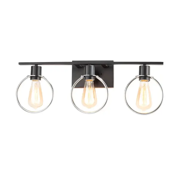 Collection: Volta Finish: Matte Black w/ Chrome Ring Width: 24.00" Height: 9.50" Extension from Wall: 5.50" Canopy: 7" W x 4.5" H Number of Bulbs: 3 Maximum Wattage: 60.00 W Bulb Type: A-19 Bulb Base: E26 Voltage: 120.00 V Safety Listing: UL/ETL Safety Rating: Damp