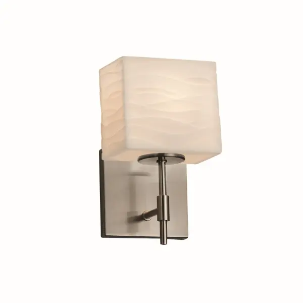Collection: Porcelina Finish: Brushed Nickel Glass: Faux Porcelain Resin Notes: This fixture can be installed as an uplight or downlight Width: 5.50" Height: 9.00" Extension from Wall: 5.00" Top to Outlet: 6.00" Number of Bulbs: 1 Maximum Wattage: 60.00 W Bulb Type: B13 Torpedo Safety Listing: Damp Safety Rating: Damp