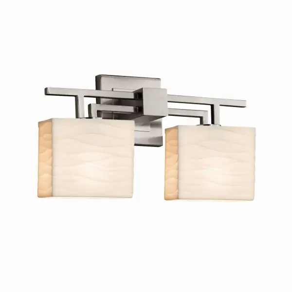 Collection: Porcelina Finish: Brushed Nickel Glass: Faux Porcelain Resin Notes: This fixture can be installed as an uplight or downlight Width: 16.00" Height: 9.25" Extension from Wall: 5.25" Top to Outlet: 6.75" Number of Bulbs: 2 Maximum Wattage: 60.00 W Bulb Type: B13 Torpedo Safety Listing: Damp Safety Rating: Damp