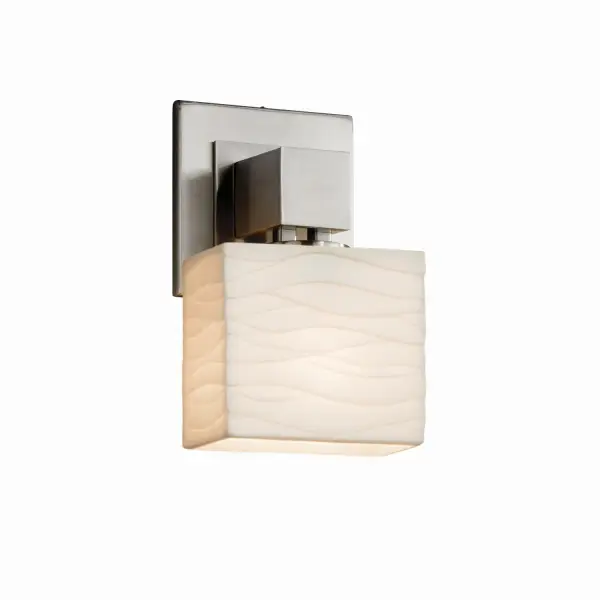 Collection: Porcelina Finish: Brushed Nickel Glass: Faux Porcelain Resin Notes: This fixture can be installed as an uplight or downlight Width: 5.50" Height: 9.25" Extension from Wall: 4.00" Top to Outlet: 6.75" Number of Bulbs: 1 Maximum Wattage: 60.00 W Bulb Type: B13 Torpedo Safety Listing: Damp Safety Rating: Damp ADA