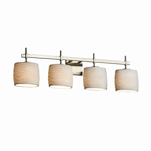Collection: Limoges Finish: Brushed Nickel Glass: Translucent Porcelain Notes: This fixture can be installed as an uplight or downlight Width: 33.50" Height: 9.50" Extension from Wall: 5.00" Top to Outlet: 6.50" Number of Bulbs: 4 Maximum Wattage: 100.00 W Bulb Type: A19 Safety Listing: Damp Safety Rating: Damp