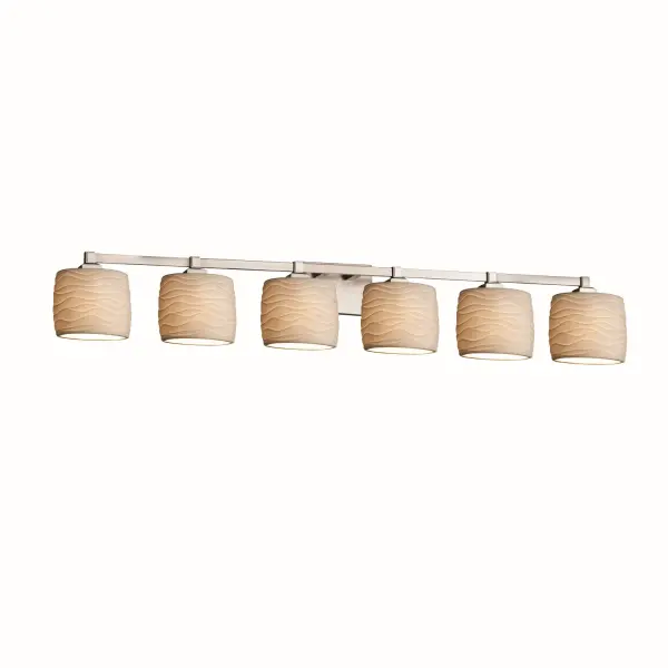 Collection: Limoges Finish: Brushed Nickel Glass: Translucent Porcelain Width: 51.50" Height: 8.00" Extension from Wall: 5.25" Top to Outlet: 5.75" Number of Bulbs: 6 Maximum Wattage: 100.00 W Bulb Type: A19 Safety Listing: UL Safety Rating: Damp