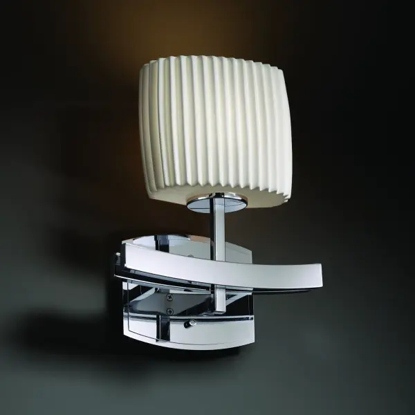 Archway ADA 1-Light Wall Sconce Collection: Limoges Finish: Polished Chrome Glass: Translucent Porcelain Width: 9.00" Height: 11.00" Extension from Wall: 4.00" Top to Outlet: 8.75" Number of Bulbs: 1 Maximum Wattage: 100.00 W Bulb Type: A19 Safety Listing: Damp Safety Rating: Damp ADA