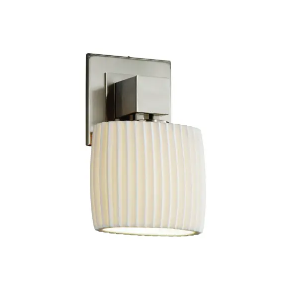 Collection: Limoges Finish: Brushed Nickel Glass: Translucent Porcelain Notes: This fixture can be installed as an uplight or downlight. Also available in Brushed Nickel, Matte Black, Polished Chrome finish. Width: 6.50" Height: 9.75" Extension from Wall: 4.00" Top to Outlet: 7.25" Number of Bulbs: 1 Maximum Wattage: 100.00 W Bulb Type: A19 Bulb Base: E26-Medium Light Source: Incandescent Safety Listing: Damp Safety Rating: Damp ADA