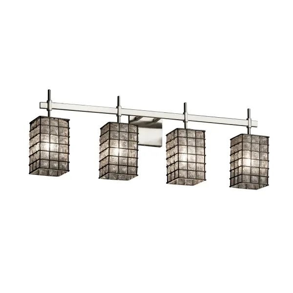 Collection: Wire Glass Finish: Brushed Nickel Glass: Wire Cage w/ Blown Glass Notes: This fixture can be installed as an uplight or downlight Width: 31.00" Height: 10.50" Extension from Wall: 5.25" Top to Outlet: 7.50" Number of Bulbs: 4 Maximum Wattage: 100.00 W Safety Listing: Damp Safety Rating: Damp
