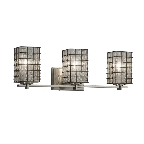 Collection: Wire Glass Finish: Brushed Nickel Glass: Wire Cage w/ Blown Glass Width: 24.00" Height: 7.75" Extension from Wall: 5.50" Top to Outlet: 7.00" Number of Bulbs: 3 Maximum Wattage: 100.00 W Bulb Type: A19 Safety Listing: UL Safety Rating: Damp