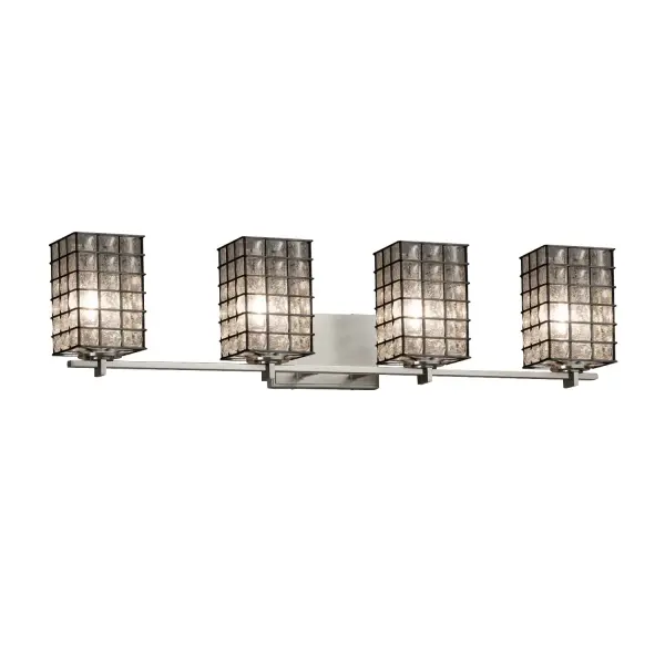 Collection: Wire Glass Finish: Brushed Nickel Glass: Wire Cage w/ Blown Glass Width: 34.25" Height: 7.75" Extension from Wall: 5.50" Top to Outlet: 7.00" Number of Bulbs: 4 Maximum Wattage: 100.00 W Bulb Type: A19 Safety Listing: UL Safety Rating: Damp