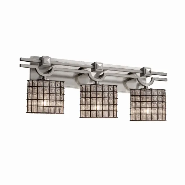 Collection: Wire Glass Finish: Brushed Nickel Glass: Wire Cage w/ Blown Glass Width: 29.00" Height: 10.25" Extension from Wall: 5.75" Top to Outlet: 7.75" Number of Bulbs: 3 Maximum Wattage: 100.00 W Safety Listing: Damp Safety Rating: Damp