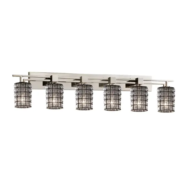 Collection: Wire Glass Finish: Brushed Nickel Glass: Wire Cage w/ Blown Glass Width: 56.00" Height: 9.75" Extension from Wall: 5.25" Top to Outlet: 7.25" Number of Bulbs: 6 Maximum Wattage: 100.00 W Bulb Type: A19 Safety Listing: Damp Safety Rating: Damp